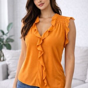 M.S.P.P. Mustard Ruffle Sleeveless Blouse | XL | Flowy Smocked Detail